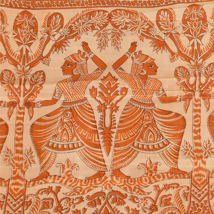 Sanskriti Vintage Sarier Orange Mennesketrykt Ren Silke Sari 5+ yard Håndværk Bæredygtigt Stoff