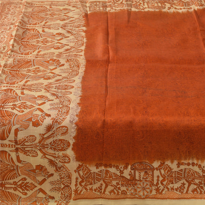 Sanskriti Vintage Sarier Orange Mennesketrykt Ren Silke Sari 5+ yard Håndværk Bæredygtigt Stoff