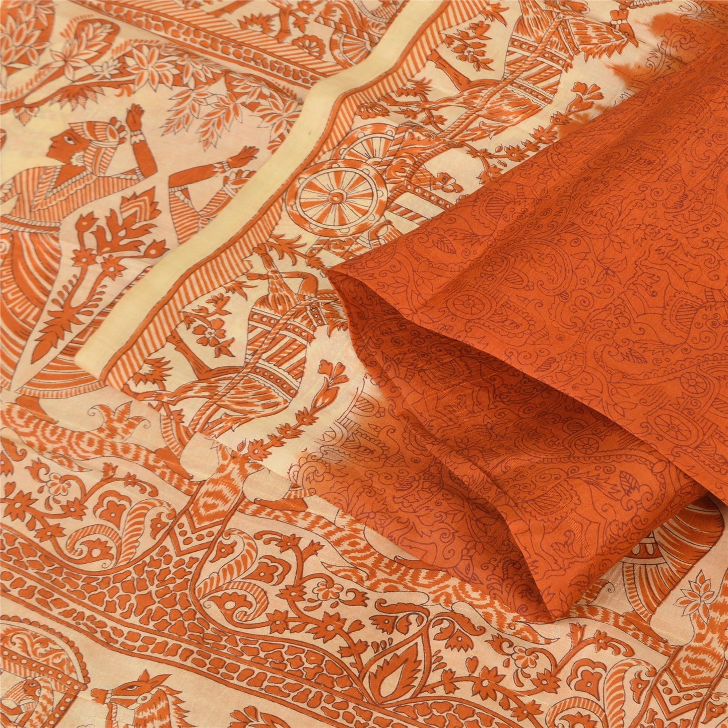 Sanskriti Vintage Sarier Orange Mennesketrykt Ren Silke Sari 5+ yard Håndværk Bæredygtigt Stoff