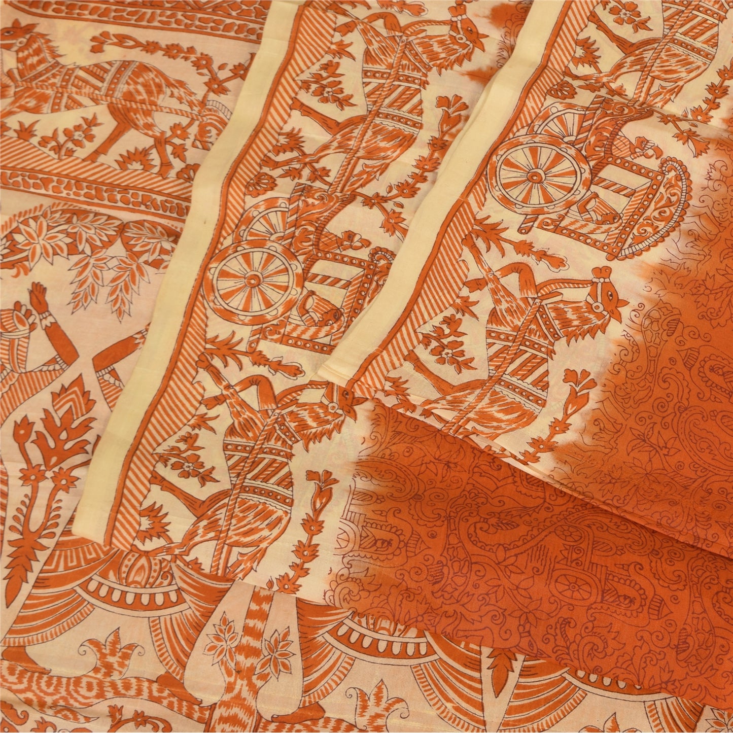 Sanskriti Vintage Sarier Orange Mennesketrykt Ren Silke Sari 5+ yard Håndværk Bæredygtigt Stoff