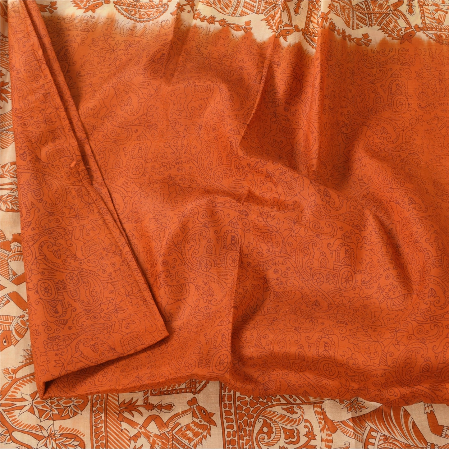 Sanskriti Vintage Sarier Orange Mennesketrykt Ren Silke Sari 5+ yard Håndværk Bæredygtigt Stoff