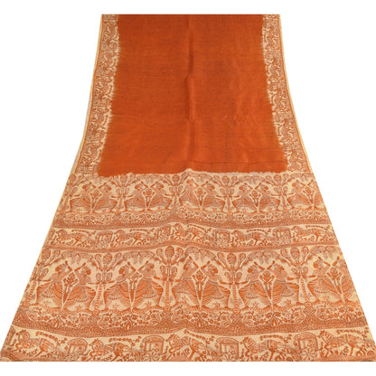 Sanskriti Vintage Sarier Orange Mennesketrykt Ren Silke Sari 5+ yard Håndværk Bæredygtigt Stoff