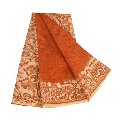 Sanskriti Vintage Sarier Orange Mennesketrykt Ren Silke Sari 5+ yard Håndværk Bæredygtigt Stoff