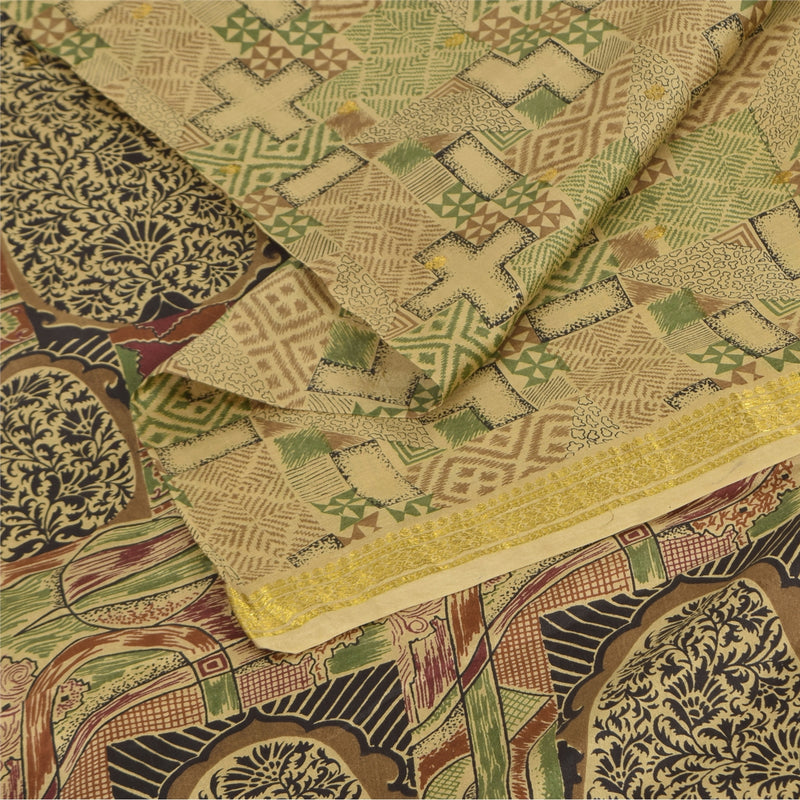 Sanskriti Vintage Sarees Zari Border Pure Silk Printed Sari 6+yd Craft Sustainable Fabric