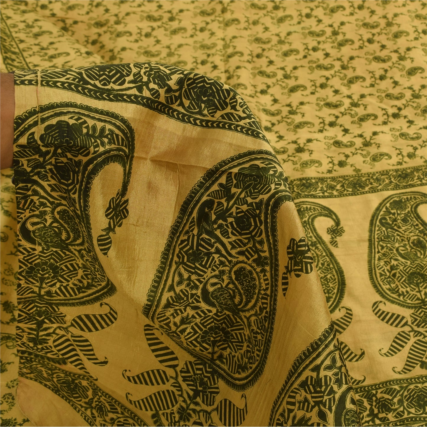 Sanskriti Vintage Sarees Yellow/Green Pure Silk Printed Sari 6+yd Craft Sustainable Fabric