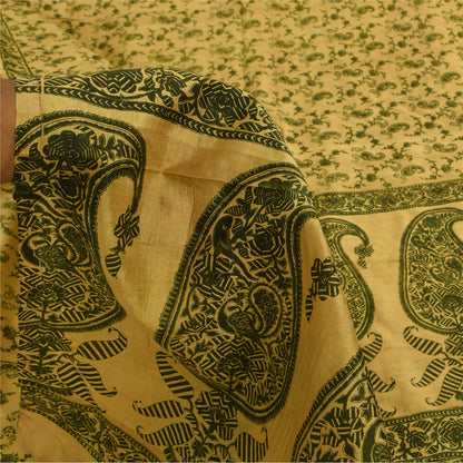 Sanskriti Vintage Sarees Yellow/Green Pure Silk Printed Sari 6+yd Craft Sustainable Fabric