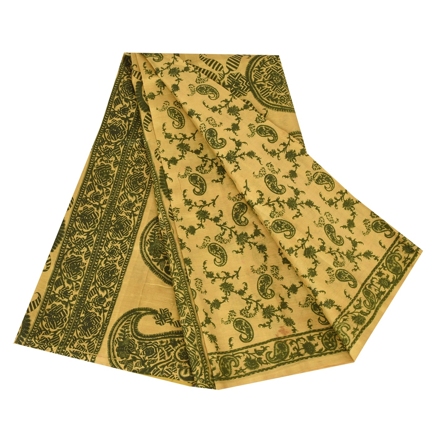 Sanskriti Vintage Sarees Yellow/Green Pure Silk Printed Sari 6+yd Craft Sustainable Fabric