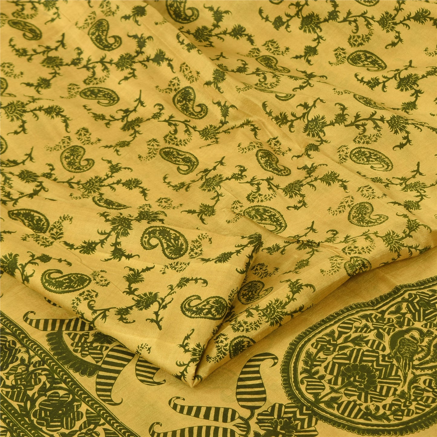 Sanskriti Vintage Sarees Yellow/Green Pure Silk Printed Sari 6+yd Craft Sustainable Fabric