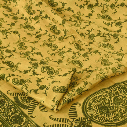 Sanskriti Vintage Sarees Yellow/Green Pure Silk Printed Sari 6+yd Craft Sustainable Fabric