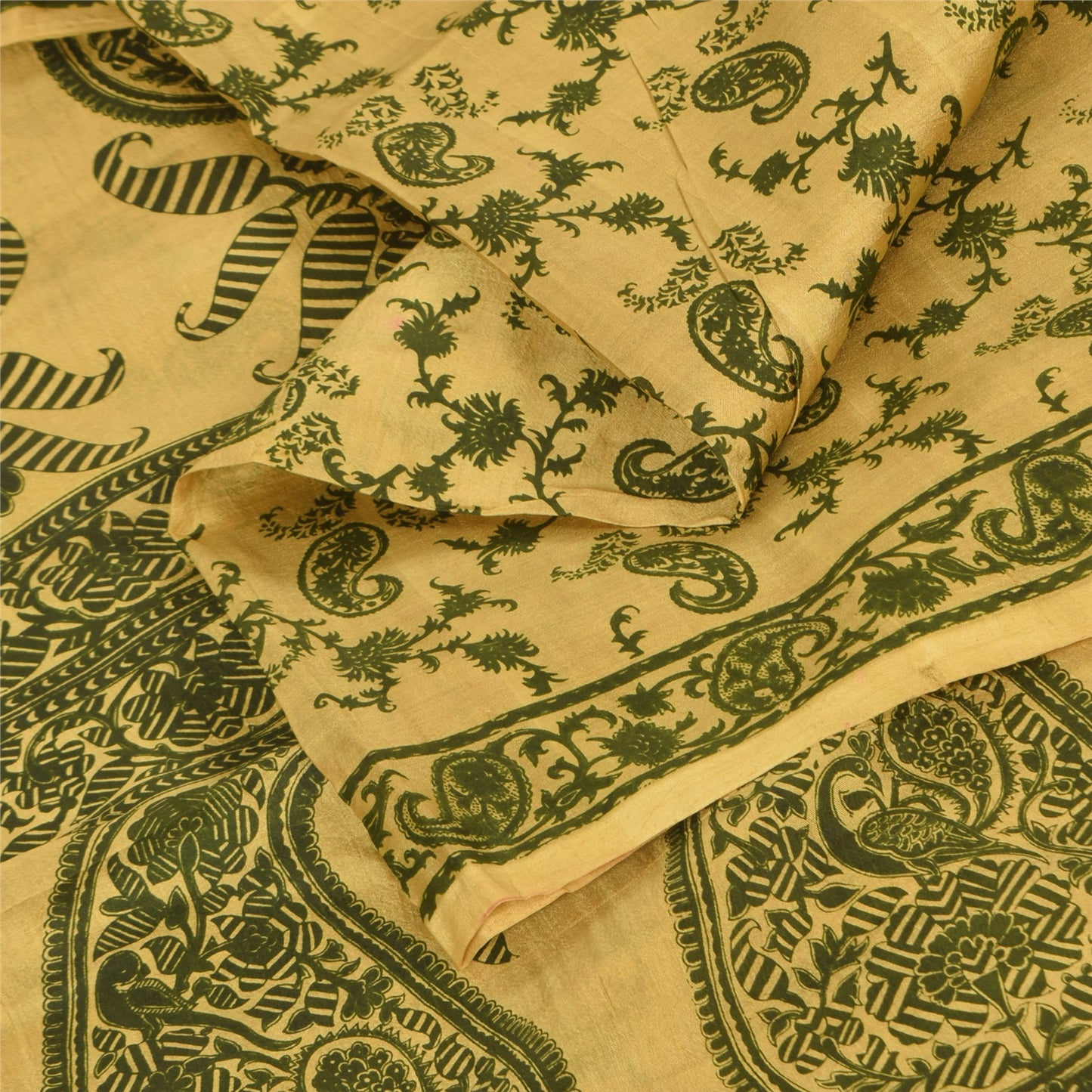 Sanskriti Vintage Sarees Yellow/Green Pure Silk Printed Sari 6+yd Craft Sustainable Fabric