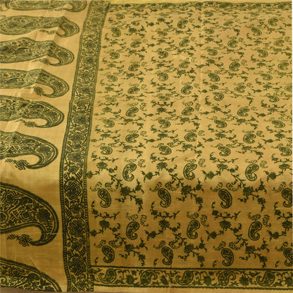 Sanskriti Vintage Sarees Yellow/Green Pure Silk Printed Sari 6+yd Craft Sustainable Fabric