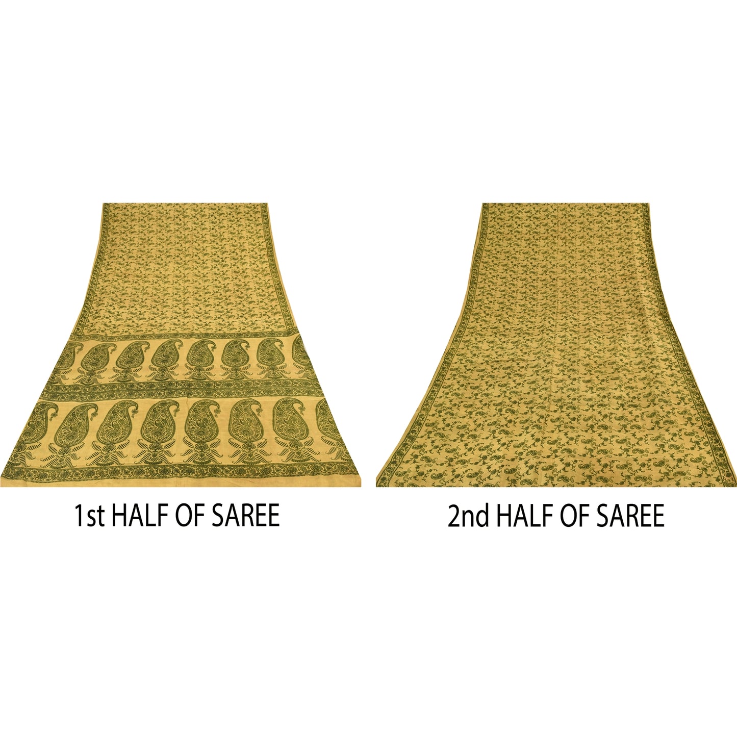 Sanskriti Vintage Sarees Yellow/Green Pure Silk Printed Sari 6+yd Craft Sustainable Fabric