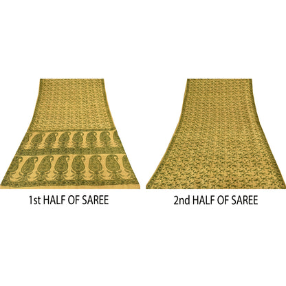 Sanskriti Vintage Sarees Yellow/Green Pure Silk Printed Sari 6+yd Craft Sustainable Fabric