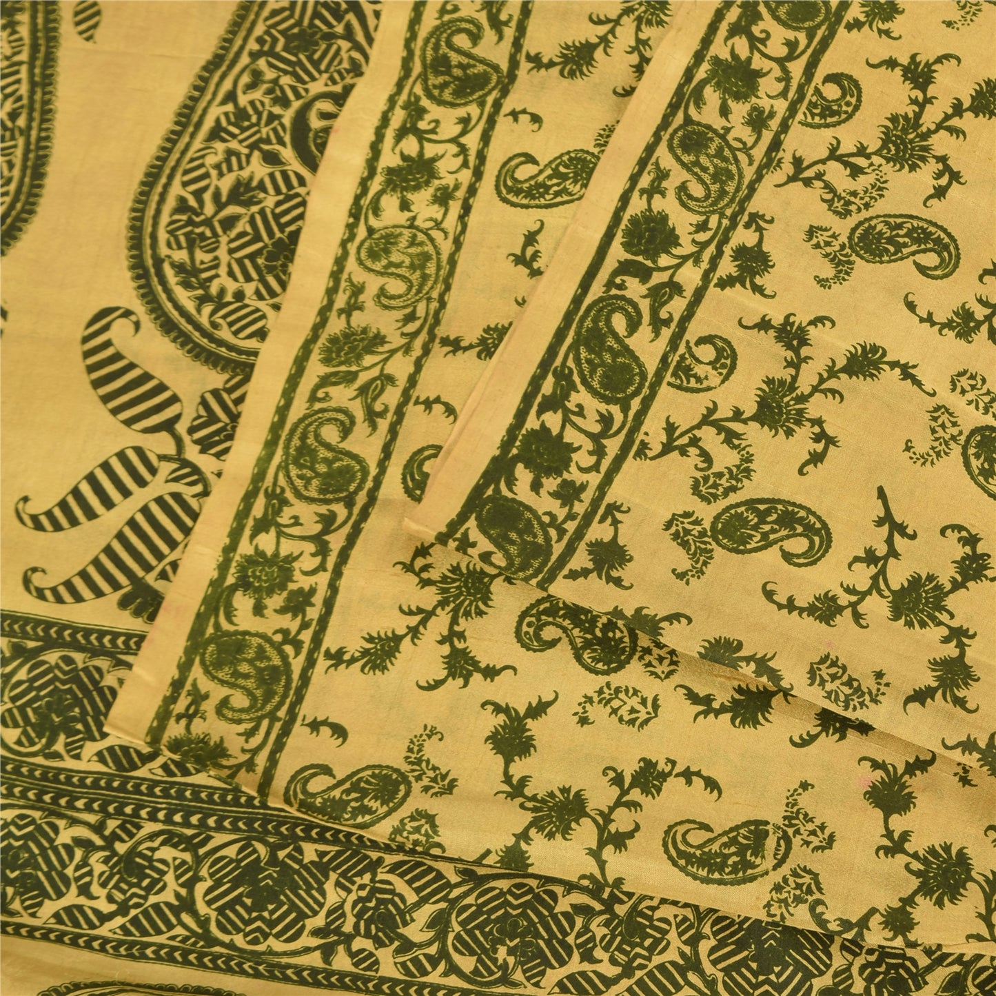 Sanskriti Vintage Sarees Yellow/Green Pure Silk Printed Sari 6+yd Craft Sustainable Fabric