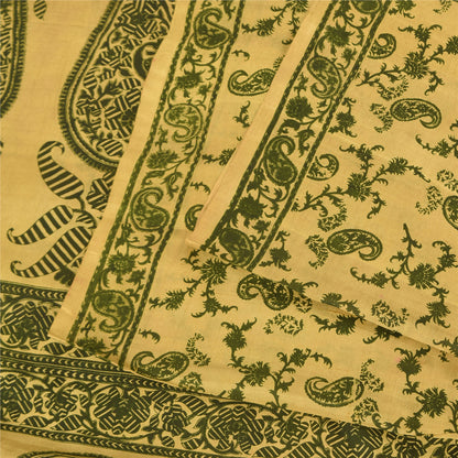 Sanskriti Vintage Sarees Yellow/Green Pure Silk Printed Sari 6+yd Craft Sustainable Fabric