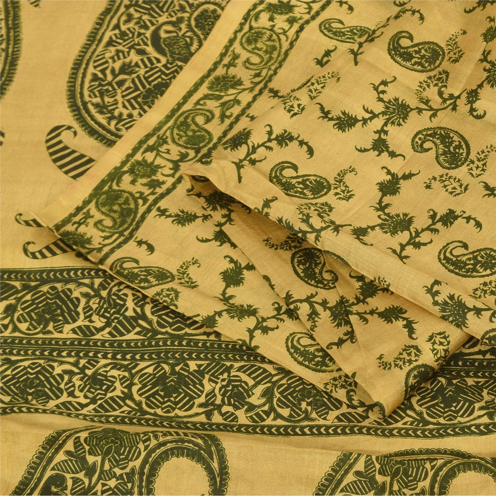 Sanskriti Vintage Saree Yellow & Green 100% Pure Silk 6+Yd Saree Printed Sari Craft Fabric Supplie Home Decor, Upcycled, Recycled,Remnant