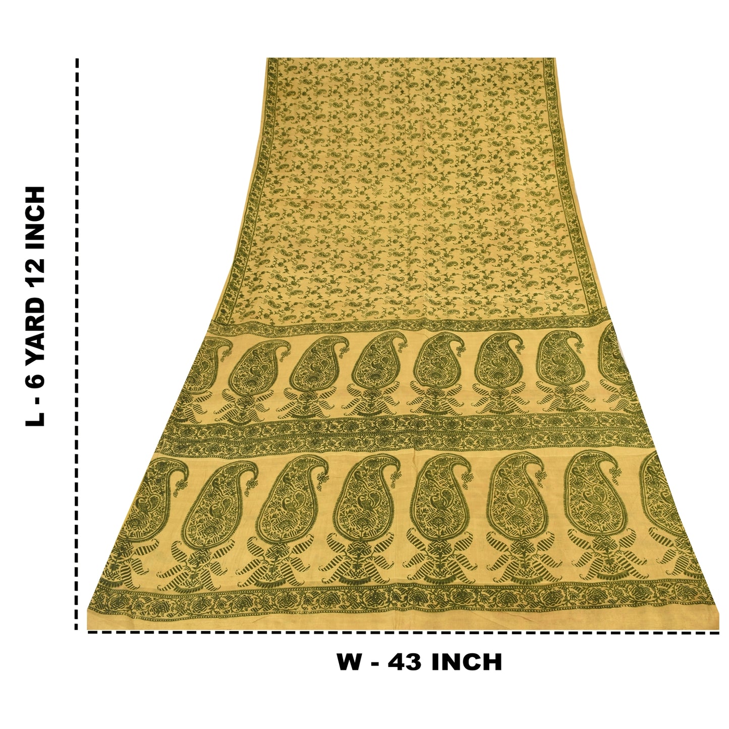 Sanskriti Vintage Sarees Yellow/Green Pure Silk Printed Sari 6+yd Craft Sustainable Fabric