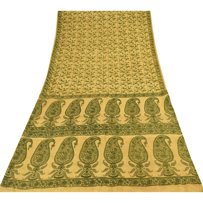 Sanskriti Vintage Sarees Yellow/Green Pure Silk Printed Sari 6+yd Craft Sustainable Fabric