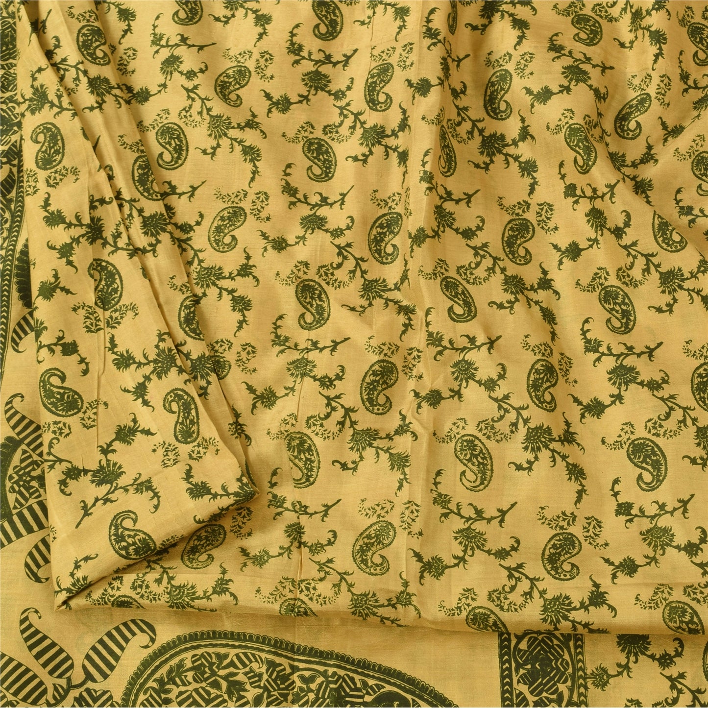 Sanskriti Vintage Sarees Yellow/Green Pure Silk Printed Sari 6+yd Craft Sustainable Fabric