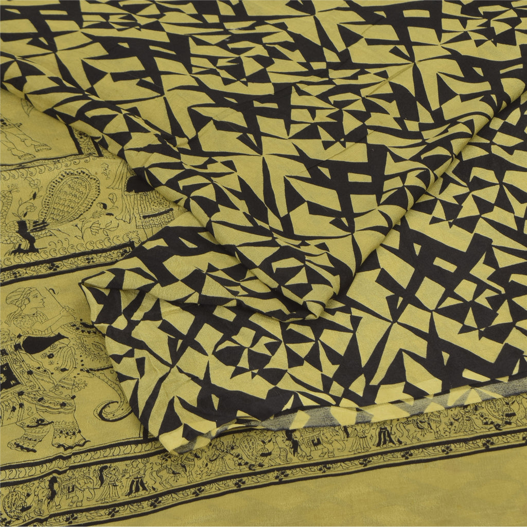 Sanskriti Vintage Sarees Lemon/Black Pure Silk Printed Sari 6+yd Craft Sustainable Fabric