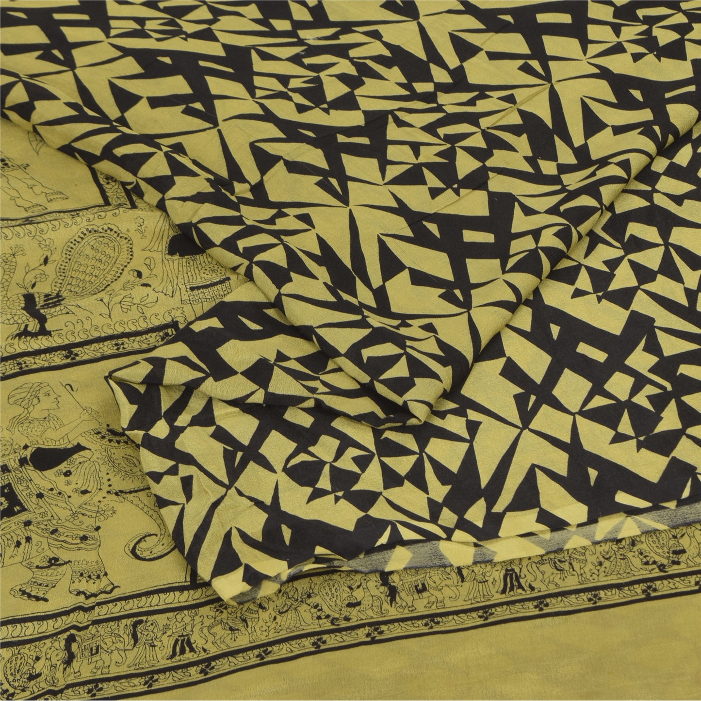 Sanskriti Vintage Sarees Lemon/Black Pure Silk Printed Sari 6+yd Craft Sustainable Fabric