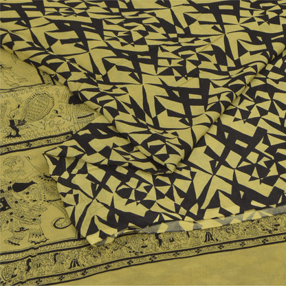 Sanskriti Vintage Sarees Lemon/Black Pure Silk Printed Sari 6+yd Craft Sustainable Fabric