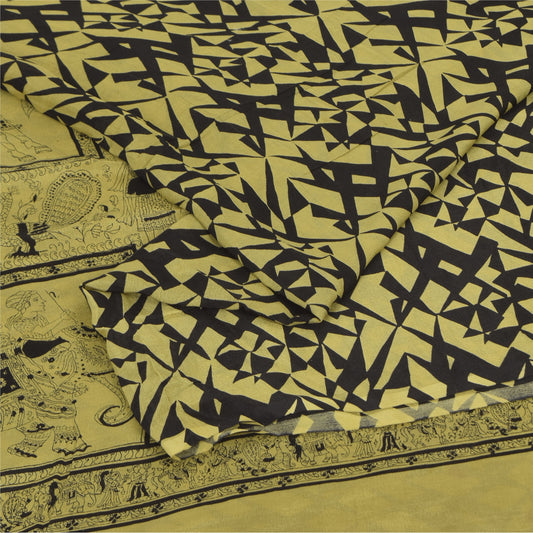 Sanskriti Vintage Sarees Lemon/Black Pure Silk Printed Sari 6+yd Craft Sustainable Fabric