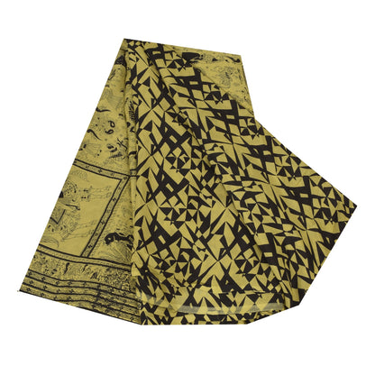 Sanskriti Vintage Sarees Lemon/Black Pure Silk Printed Sari 6+yd Craft Sustainable Fabric