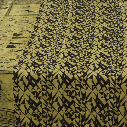 Sanskriti Vintage Sarees Lemon/Black Pure Silk Printed Sari 6+yd Craft Sustainable Fabric