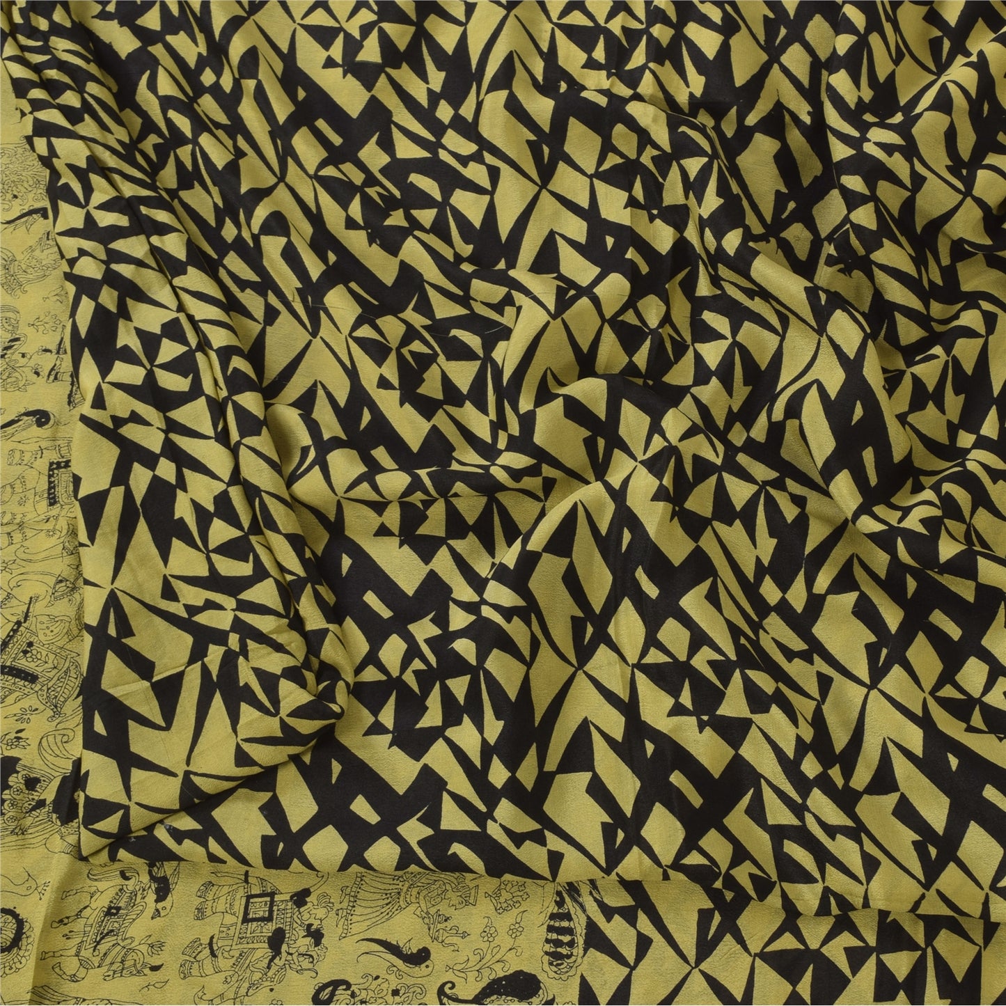 Sanskriti Vintage Sarees Lemon/Black Pure Silk Printed Sari 6+yd Craft Sustainable Fabric
