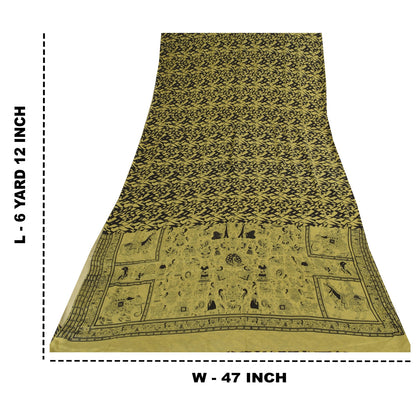 Sanskriti Vintage Sarees Lemon/Black Pure Silk Printed Sari 6+yd Craft Sustainable Fabric