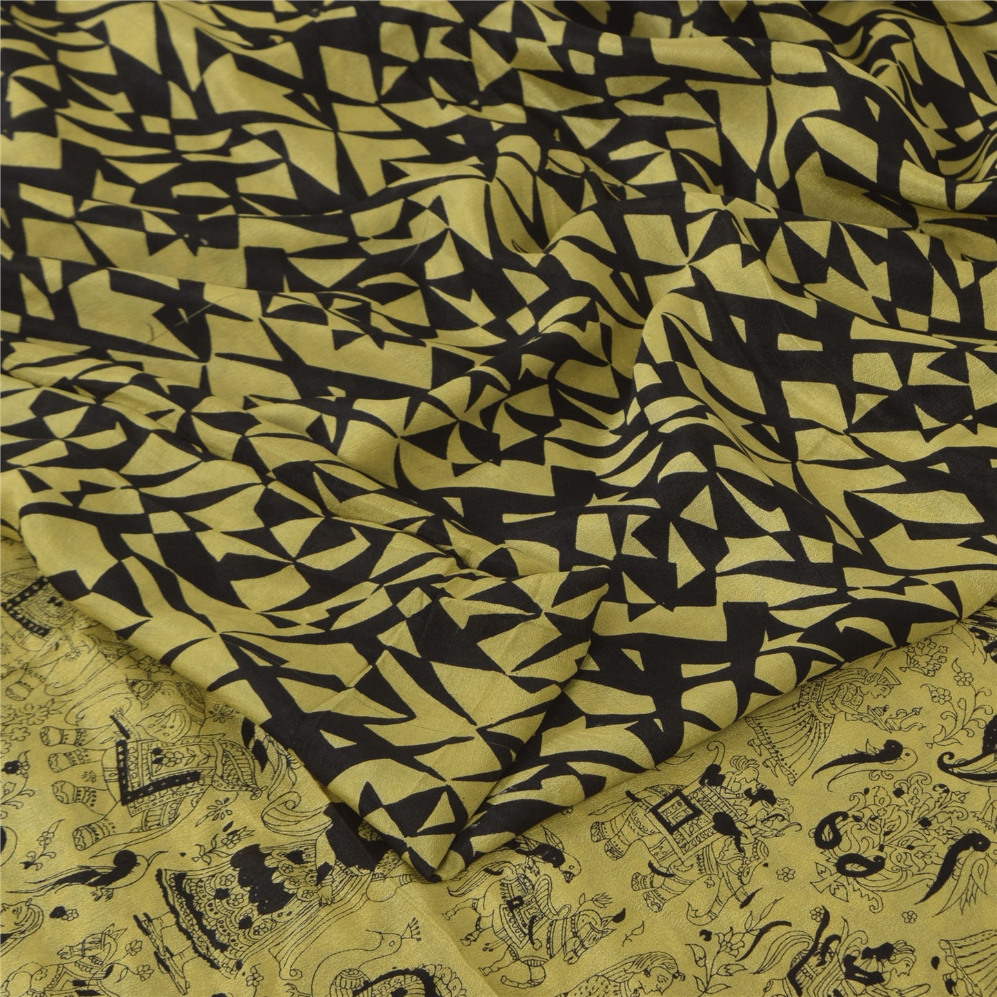 Sanskriti Vintage Sarees Lemon/Black Pure Silk Printed Sari 6+yd Craft Sustainable Fabric