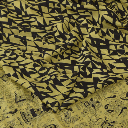 Sanskriti Vintage Sarees Lemon/Black Pure Silk Printed Sari 6+yd Craft Sustainable Fabric