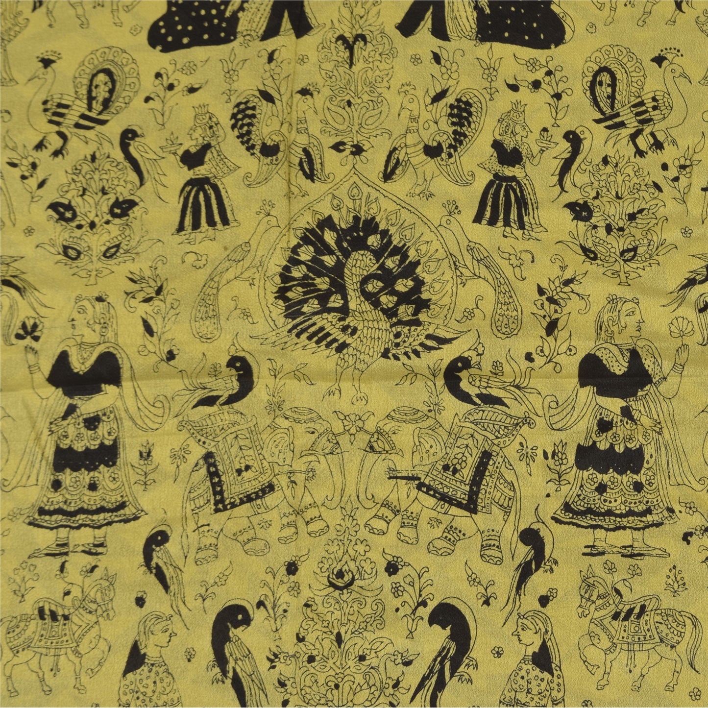 Sanskriti Vintage Sarees Lemon/Black Pure Silk Printed Sari 6+yd Craft Sustainable Fabric