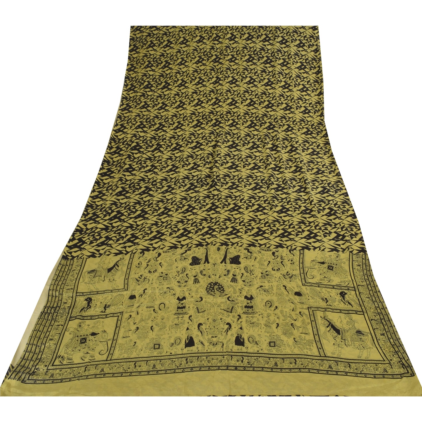 Sanskriti Vintage Sarees Lemon/Black Pure Silk Printed Sari 6+yd Craft Sustainable Fabric