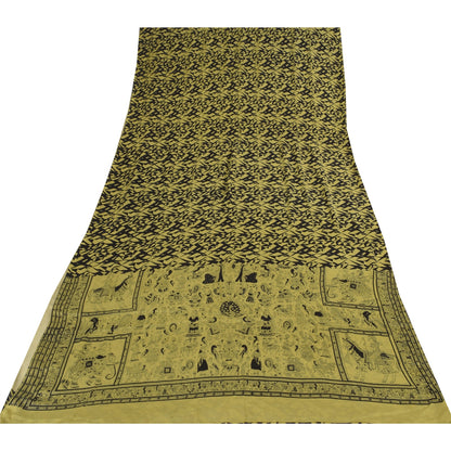Sanskriti Vintage Sarees Lemon/Black Pure Silk Printed Sari 6+yd Craft Sustainable Fabric