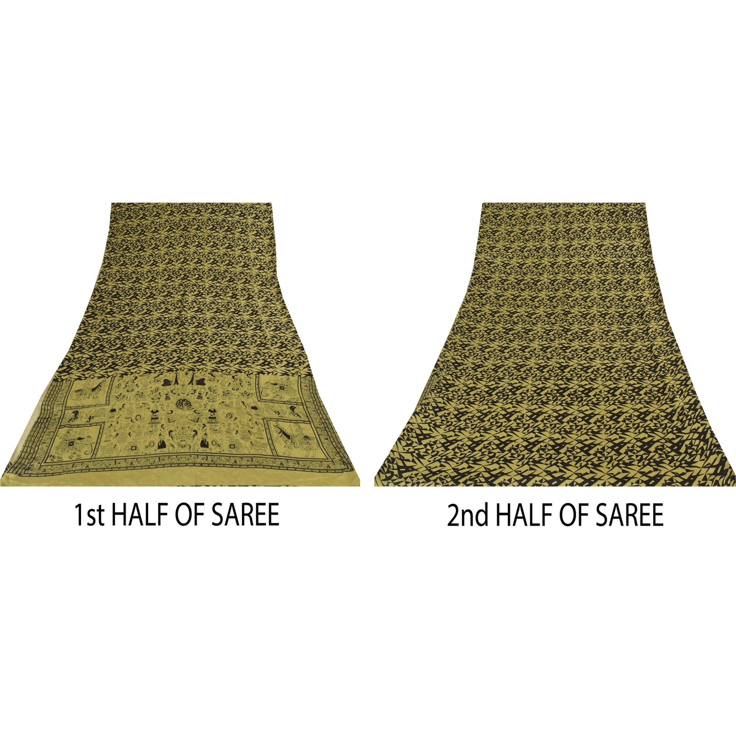 Sanskriti Vintage Sarees Lemon/Black Pure Silk Printed Sari 6+yd Craft Sustainable Fabric