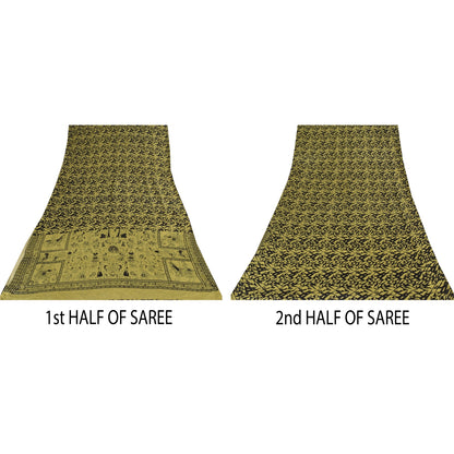 Sanskriti Vintage Sarees Lemon/Black Pure Silk Printed Sari 6+yd Craft Sustainable Fabric