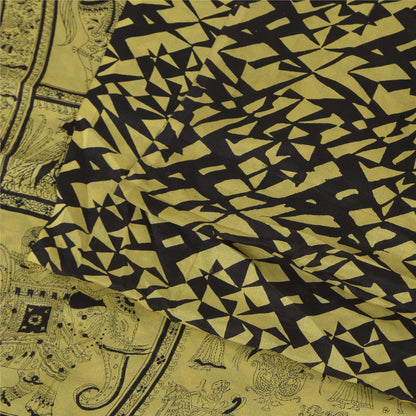 Sanskriti Vintage Sarees Lemon/Black Pure Silk Printed Sari 6+yd Craft Sustainable Fabric