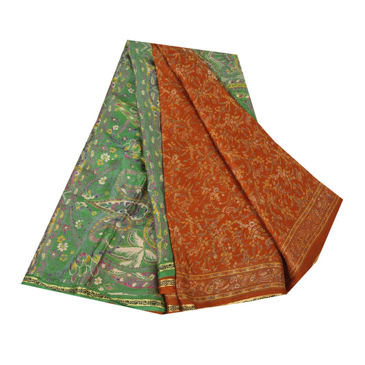 Sanskriti Vintage Sarees Orange Indisk Ren Silke Trykt Sari 5+ yard Håndværk Bæredygtigt Stoff