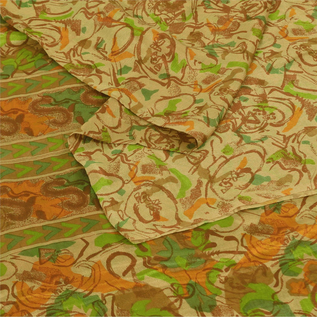 Sanskriti Vintage Sarees Indisk Beige Ren Silke Trykt Sari 6+ yard Håndværk Bæredygtigt Stoff