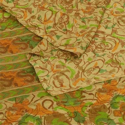 Sanskriti Vintage Sarees Indisk Beige Ren Silke Trykt Sari 6+ yard Håndværk Bæredygtigt Stoff