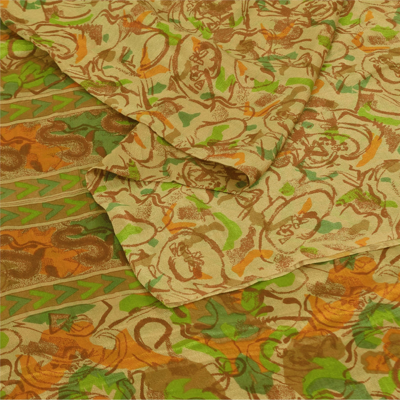 Sanskriti Vintage Sarees Indian Beige Pure Silk Printed Sari 6+yd Craft Sustainable Fabric