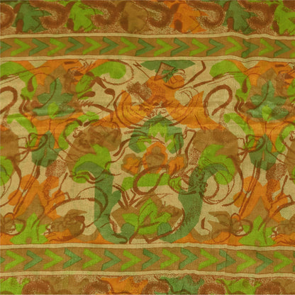 Sanskriti Vintage Sarees Indisk Beige Ren Silke Trykt Sari 6+ yard Håndværk Bæredygtigt Stoff