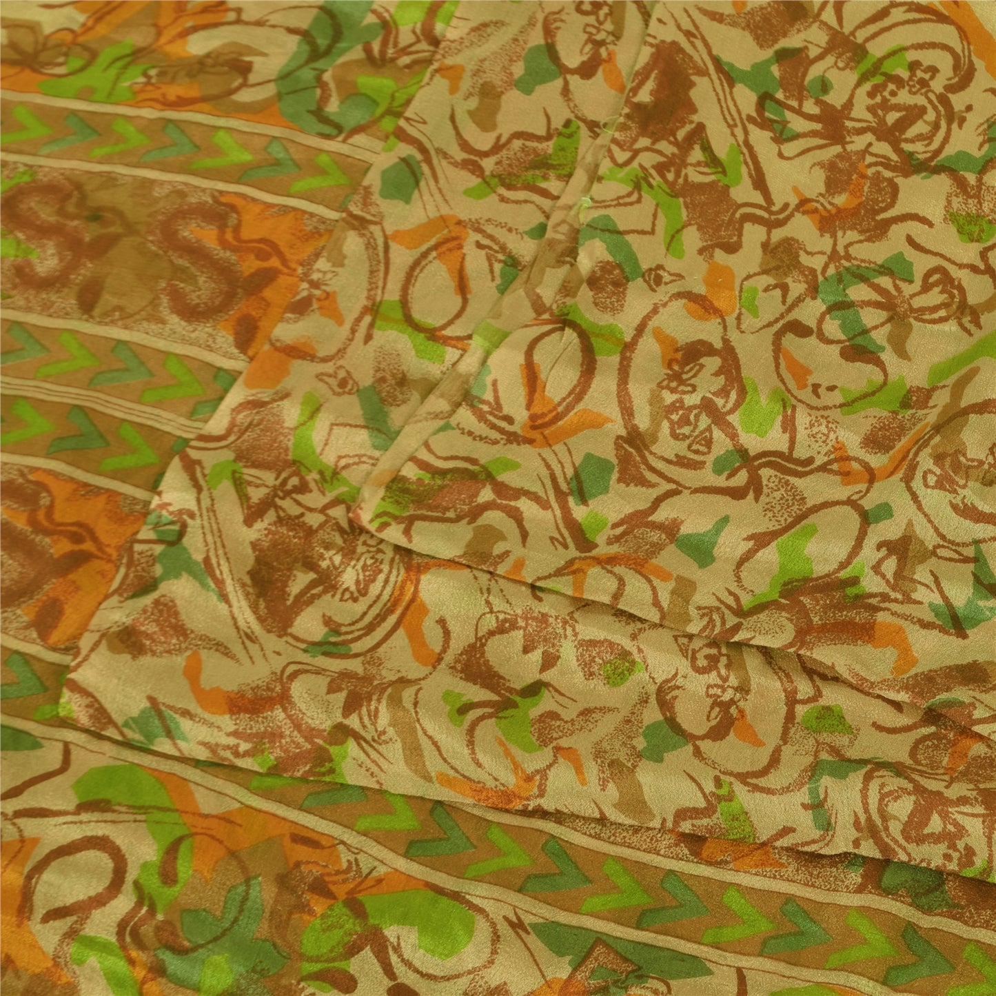 Sanskriti Vintage Sarees Indisk Beige Ren Silke Trykt Sari 6+ yard Håndværk Bæredygtigt Stoff