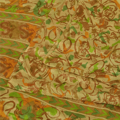 Sanskriti Vintage Sarees Indisk Beige Ren Silke Trykt Sari 6+ yard Håndværk Bæredygtigt Stoff