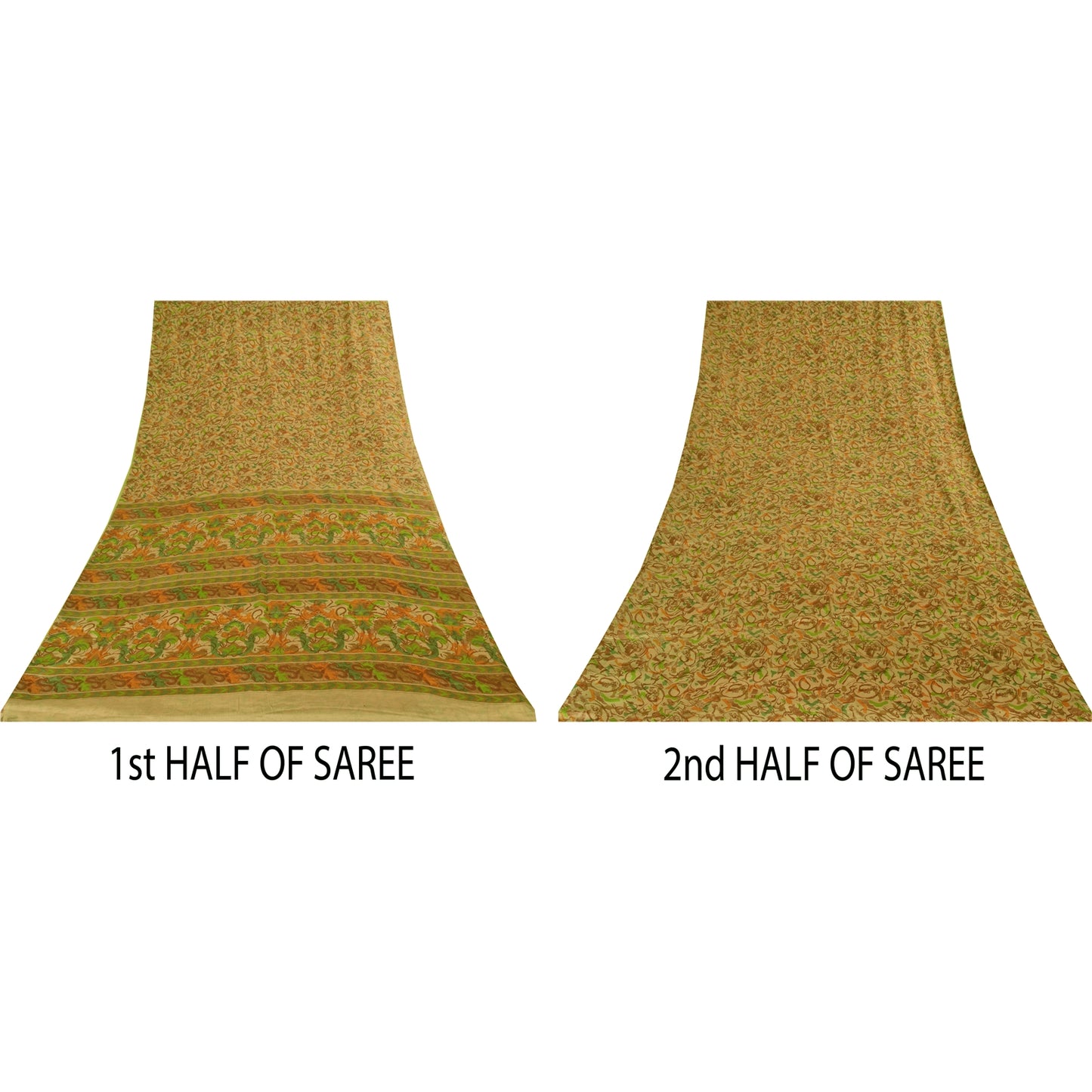 Sanskriti Vintage Sarees Indisk Beige Ren Silke Trykt Sari 6+ yard Håndværk Bæredygtigt Stoff