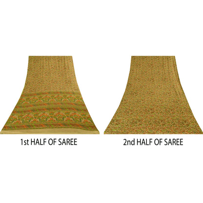 Sanskriti Vintage Sarees Indisk Beige Ren Silke Trykt Sari 6+ yard Håndværk Bæredygtigt Stoff