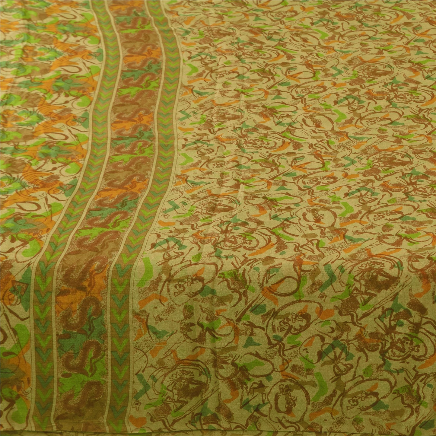 Sanskriti Vintage Sarees Indisk Beige Ren Silke Trykt Sari 6+ yard Håndværk Bæredygtigt Stoff