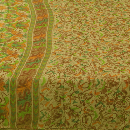 Sanskriti Vintage Sarees Indisk Beige Ren Silke Trykt Sari 6+ yard Håndværk Bæredygtigt Stoff